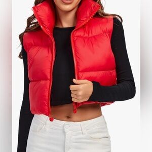 Fuinloth Puffer Vest High Collar Lightweight Cropped XS Red Orange